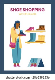 Female customer in retail shop store looks at the shelves, flat vector illustration isolated on white background. Poster or banner with footwear store shopping concept. Woman chooses boots.