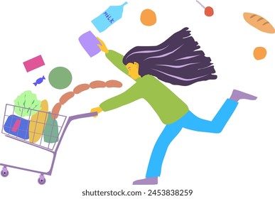 Cliente mujer corriendo con la cesta al Completar compra que pierde las compras y las pertenencias sobre la marcha. Mujer de la Ilustración vectorial sobre fondo transparente. Correr con un Carrito de compras lleno de productos de un