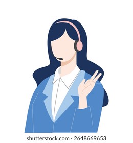 Agente de Servicio al cliente femenino con el auricular que muestra la señal de la paz