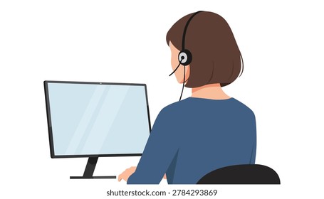 Female Customer Service Agent with Headset at Computer Flat Vector Illustration