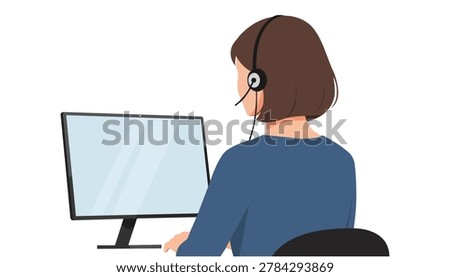 Female Customer Service Agent with Headset at Computer Flat Vector Illustration