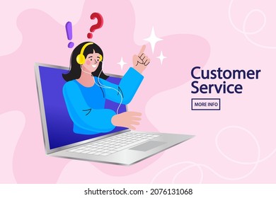 Female Customer Service Agent with Headsets Talking with Client. Online Customer Support and Helpdesk Concept. Contact us. support, assistance, call center. Vector illustration in flat style.