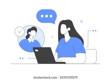 Female customer service agent talking with client and helping to solve his problems. Online customer support and helpdesk concept. Flat Cartoon Vector Illustration, icon. Stylish abstract Blue 