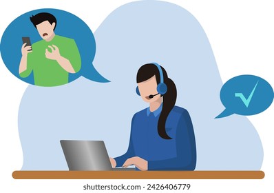 female customer service answering customer complaint reports, hotline operators consult customers with headsets on computer vector illustration, call center