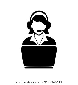 Female Customer Service Icon .Woman User Support With Laptop And Headphone Vector Illustration