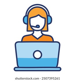 Female customer service representative with laptop. Illustration of a female customer support representative working on a laptop, wearing a headset.  Perfect for websites and social media posts.