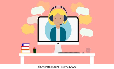 Female customer service representative on laptop screen with headphones and microphone. Customer service and techinal support concept. Call center, customer service, online help, consulting service.