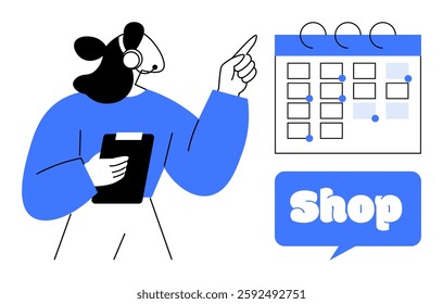 Female customer service representative wearing a headset holds a clipboard and points at a calendar. The speech bubble says Shop. Ideal for customer support, online shopping, scheduling, time