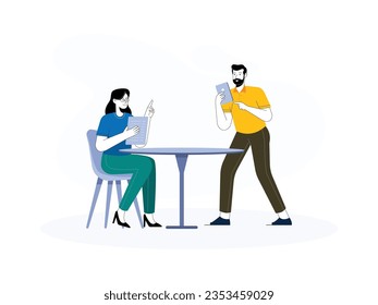 a female customer is sitting in a cafe, she is ordering a menu from a male waiter, the waiter is taking orders from the customer
flat design, vector illustration