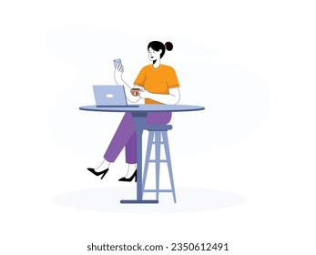 a female customer is sitting at a cafe table while enjoying a cup of coffee and also doing some work on her laptop
flat design, vector illustration