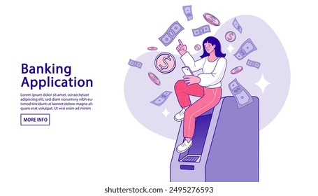 Female customer sitting on the ATM. Vector illustration, perform financial transactions using ATM. online banking and payment concept. money transfers. Falling Money on the laptop. vector outline.