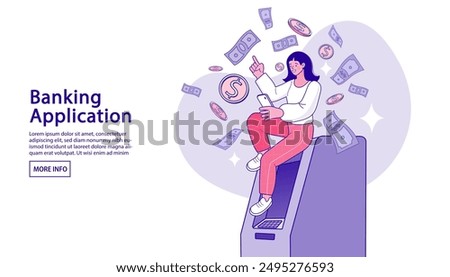 Female customer sitting on the ATM. Vector illustration, perform financial transactions using ATM. online banking and payment concept. money transfers. Falling Money on the laptop. vector outline.
