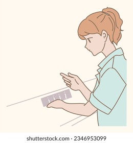 Female customer standing with document at checkout cashier counter. Client reading paper at reception desk Hand drawn flat cartoon character vector illustration.