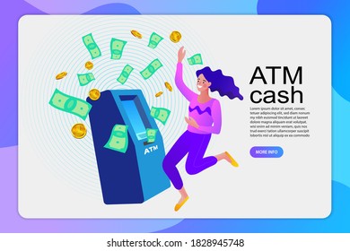A female customer standing near an ATM. Vector illustration, perform financial transactions using ATM.