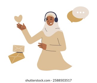 Female Customer Support Agent in Hijab With Headset in Flat Vector Illustration Symbolizing Online Assistance, Communication, and Virtual Support, Isolated on White Background