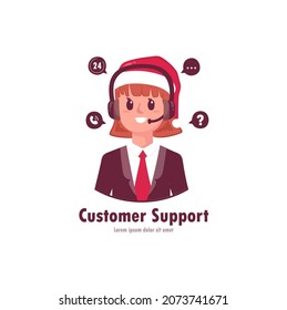 Female Customer support during christmas holiday with 24 hour icon,call phone icon, ask and question icon