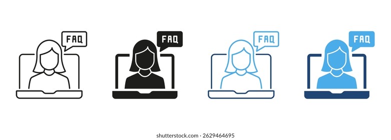 Female Customer Support Faq Icon Set. Online Help, Virtual Assistance, And Information Guidance Outline And Silhouette Symbol Collection. Digital Communication. Isolated Vector Illustration.