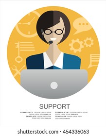 Female customer support operator with headset and smiling. Flat design style.