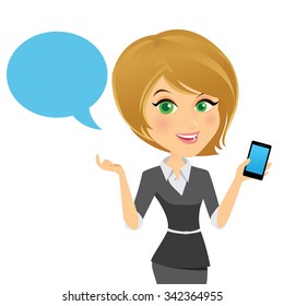 Female customer support operator with smart phone and smiling, Character design cartoon version.