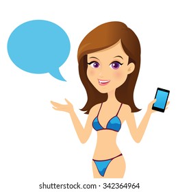 Female customer support operator with smart phone and smiling, Character design cartoon version.