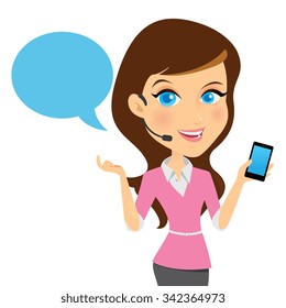 Female customer support operator with smart phone and smiling, Character design cartoon version.