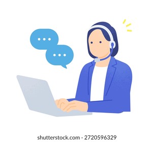Operadora de Asistencia al cliente femenina con auriculares y escribiendo en una computadora portátil. Agente del centro de llamadas que responde a una consulta. Ilustración vectorial.
