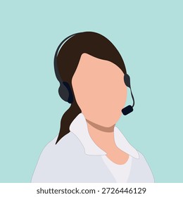 Female customer support operator wearing headset. Call center worker avatar illustration. Online support, customer service, hotline, telemarketing and communication concept. Flat faceless vector portrait isolated on light background.