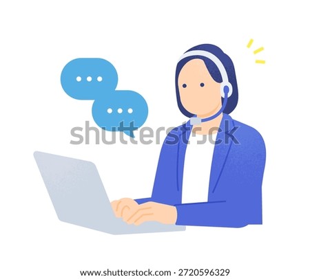 Female customer support operator wearing a headset and typing on a laptop. Call center agent answering an inquiry. Vector illustration.