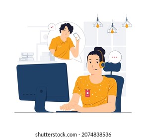 Female customer support phone operator with headset working in call center concept illustrations