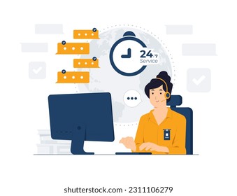 Female customer support, phone operator with headset working in call center, a dedicated support agent providing professional assistance to a customer concept illustration