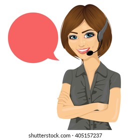 female customer support phone operator with arms crossed and speech bubble