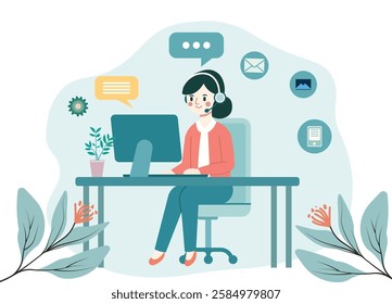 A female customer support representative wearing a headset, is working on a computer. Abstract background with communication icons. Ideal for call center, customer service, and support concepts.