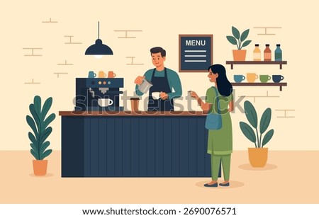 Female customer talking to man at counter in cafe shop. Barista brews hot drinks on a coffee machine, standing behind the bar in the cozy interior of an eco-friendly cafe. Hospitality service scene