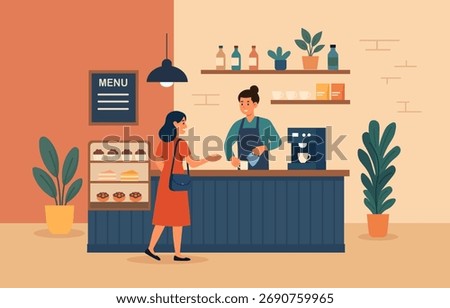 Female customer talking to man at counter in cafe shop. Barista brews hot drinks on a coffee machine, standing behind the bar in the cozy interior of an eco-friendly cafe. Hospitality service scene