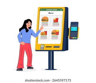 cliente feminino usa um quiosque de autoatendimento para fazer pedidos em uma máquina automatizada de restaurante fast food e ilustração de vetor de pagamento eletrônico