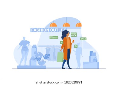 Female customer visiting in fashion outlet. Woman with mobile phone and bag near shop display flat vector illustration. Shopping, sale, retail concept for banner, website design or landing web page