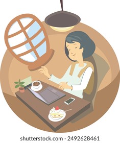 Una Cliente trabajando en una computadora en el asiento de una ventana en un café