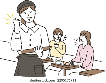 Female customers chatting with a female clerk at a restaurant
