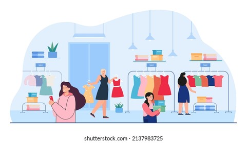 Female customers looking at clothes in retail store. Women buying garments or apparel in clothing shop flat vector illustration. Fashion, shopping concept for banner, website design or landing page