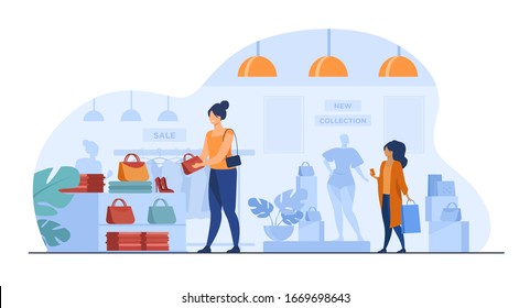 Female customers shopping in clothes shop. Women choosing garments, fashion accessories at sale in boutique. Vector illustration for retail store, marketing, purchase, consumers concept