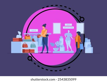 Female customers shopping in clothes shop. Women choosing garments, fashion accessories at sale in boutique. Vector illustration for retail store, marketing, purchase, consumers concept