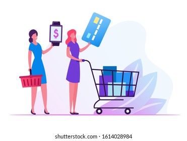 Female Customers Stand In Queue In Supermarket Prepare Credit Card And Smart Watch For Cashless Online Paying. Women Buyers Pushing Trolley And Carry Basket With Goods. Flat Vector Illustration