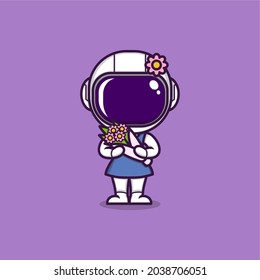 female cute cartoon astronaut holding a bouquet of flowers. vector illustration for mascot logo or sticker