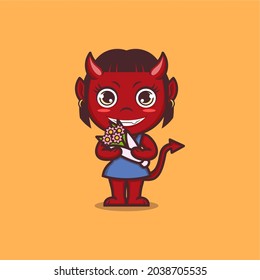 female cute cartoon devil holding a bouquet of flowers. vector illustration for mascot logo or sticker