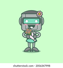 female cute cartoon robot character carrying flowers .vector illustration for mascot logo or sticker