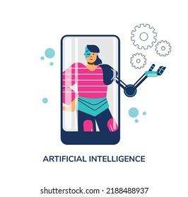 Ciborg femenino y concepto de inteligencia artificial - ilustración vectorial plana aislada en fondo blanco. Mujer con aumento cibernetico del cuerpo. Robot o humanoide con implantes y prótesis.