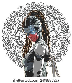 A female cyborg with a detailed graphic pattern background, ideal for futuristic and sci-fi themes.