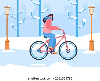 Female cyclist on snowy road in city. Girl riding bicycle in cold weather, street in winter flat vector illustration. Outdoor activity, seasons concept for banner, website design or landing web page