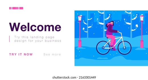 Female cyclist on snowy road in city. Girl riding bicycle in cold weather, street in winter flat vector illustration. Outdoor activity, seasons concept for banner, website design or landing web page
