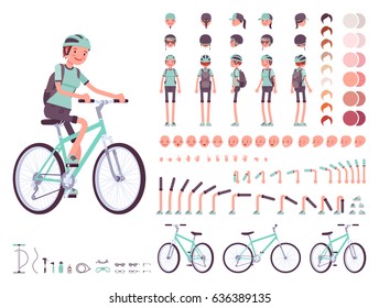 Female cyclist on sport bike character creation set. Full length, different views, emotions, gestures, isolated on white background. Build your own design. Cartoon flat-style infographic illustration